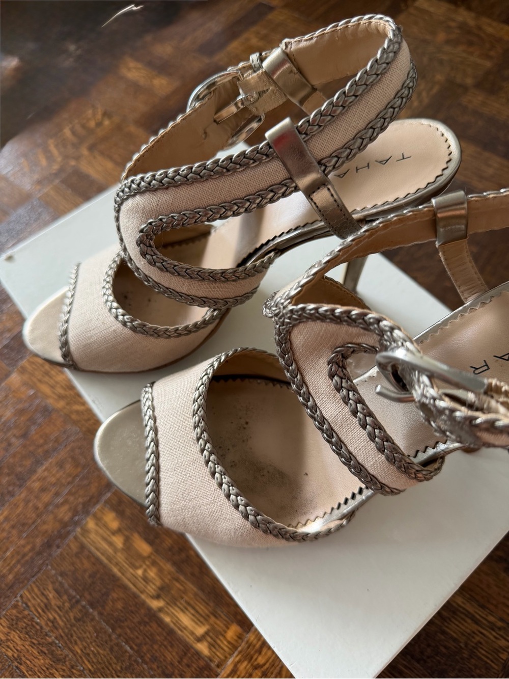 Tahari Neutral Braided Metallic Trim Heels